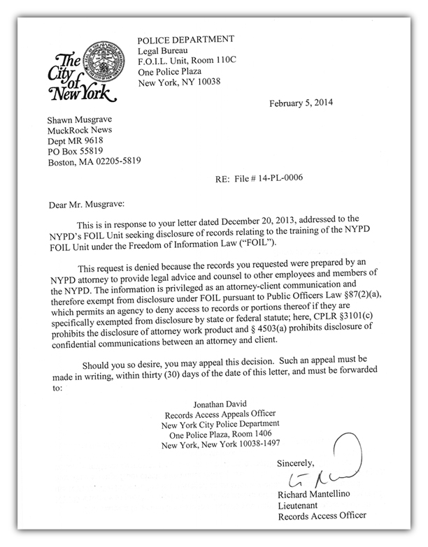 NYPD FOIL guide rejection letter