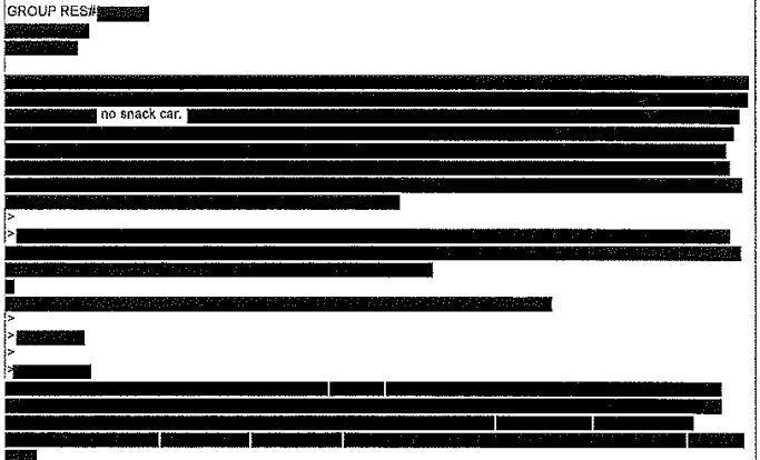 A FOIA response from Amtrak where everything is redacted except the words "no Snack car."