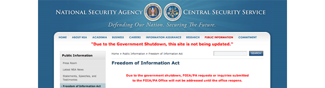 NSA website FOIA freeze